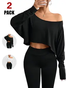 TFNOSIZE Long Sleeve Off-Shoulder Loose T-Shirt | New Sexy Asymmetrical Shoulder Design | Women’s Layering Essential Piece | Casual Street Style Spring/Summer Fashion Item | Comfortable, Simple, Breathable, Versatile Everyday T-Shirt Apparel