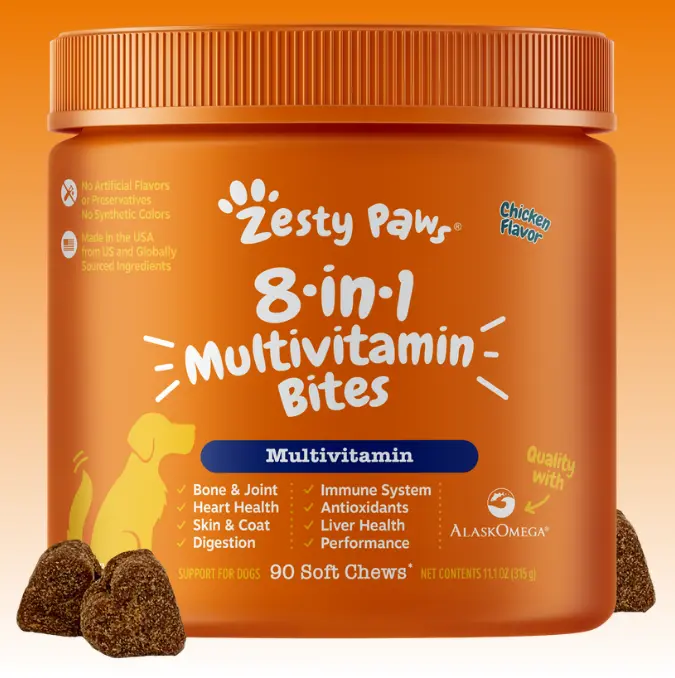 Zesty Paws 8-in-1 Chewable Multivitamin Bite for Dogs, Chicken Soft Chew Immune Support Dog Treats Supplement 8  in dog  supplements