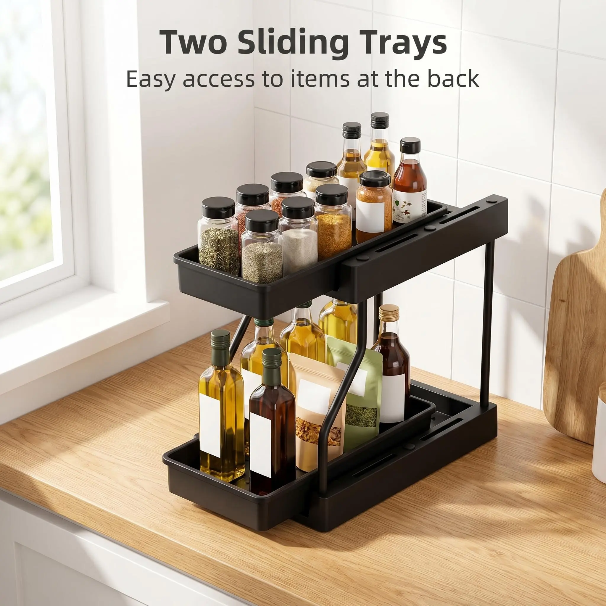 2-Tier Dual Sliding Storage Organizer, Pull-Out Shelf Rack for Under-Sink Cabinets, Kitchen, Bathroom, Pantry & Laundry Room
