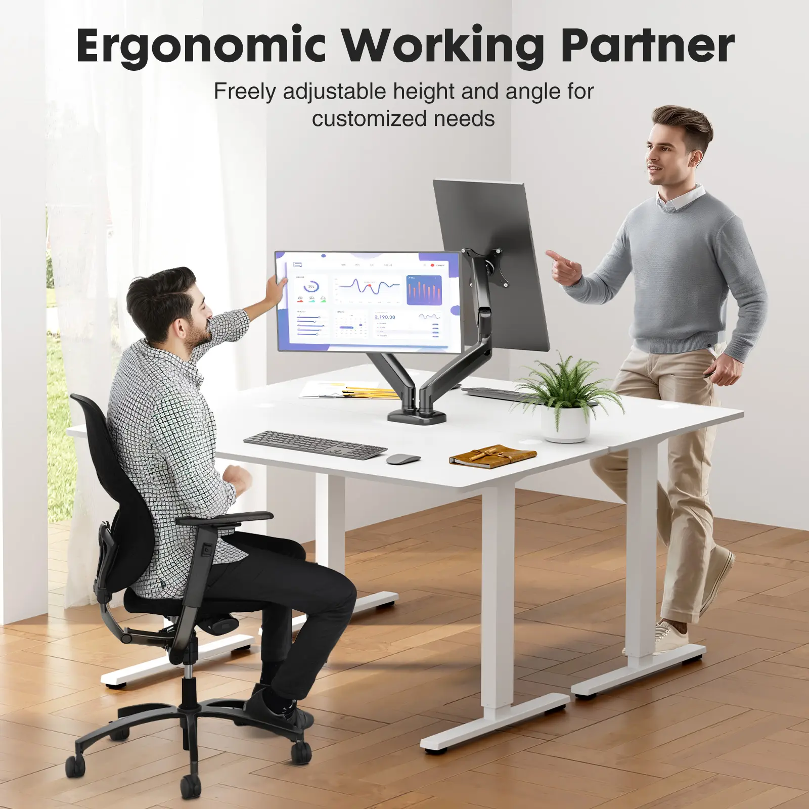 Dual Monitor Stand - Full Adjustable Ergonomic Gas Spring Desk Mount with C-Clamp, Hole Base VESA Bracket for 13 to 32-Inch Computer Screens, Each Arm Holds 4.4 to 19.8lbs