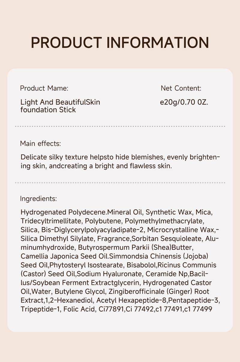 QIANWHITE Clear Radiant Skin Foundation Stick. A multi-functional concealing foundation stick enriched with skin-nourishing essences, featuring waterproof and lightweight properties to cover blemishes of various skin tones. Concealer