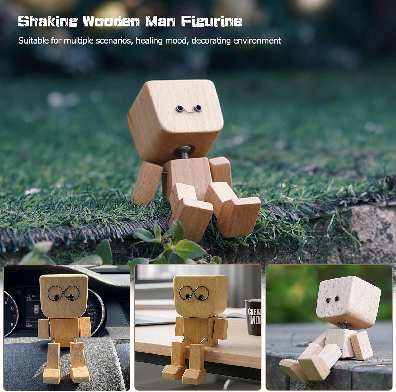 MUNBYN  Shaking Feet Wooden Doll - Shaking Wooden Man Figurine for Car Dashboard Decorations, with 12PCS Magnetic Expressions, Funny Bobblehead Desk Decor for Office Home, Creative Gift Idea