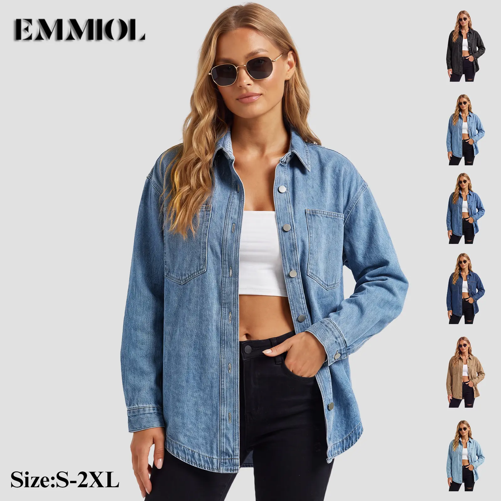 EMMIOL Women Oversized Denim Shirt Jacket Long Sleeve Button Down Distressed Vintage Blue Jean Jacket Streetwear Summer Vibes【Back to School】