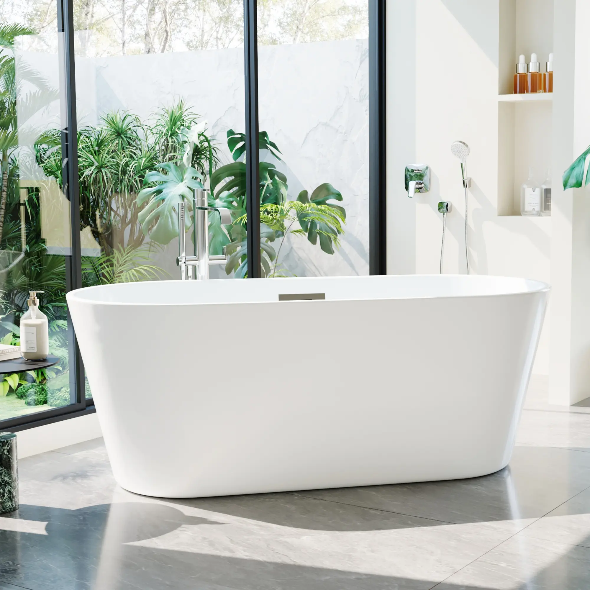 Modern Freestanding Acrylic Soaking Bathtub, Deep Ergonomic Design with Chrome Overflow and Drain, cUPC Certified, Black and White Finish, Contemporary Bathroom Centerpiece - SummerVibes