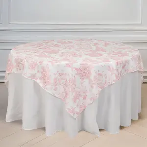 Polyester Square Table Overlay 70"x70" White with Pink French Toile Pattern - Sophisticated Table Topper for Chic Weddings & Events