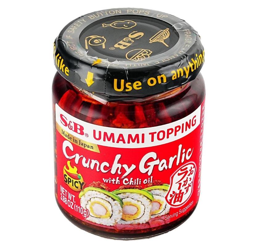 S&B Umami Topping Crunchy Garlic with Chili Oil Mild Flavor Sauce 3.88 oz For Chicken Sushi Pasta Salad Noodles Tofu Rice Made in Japan