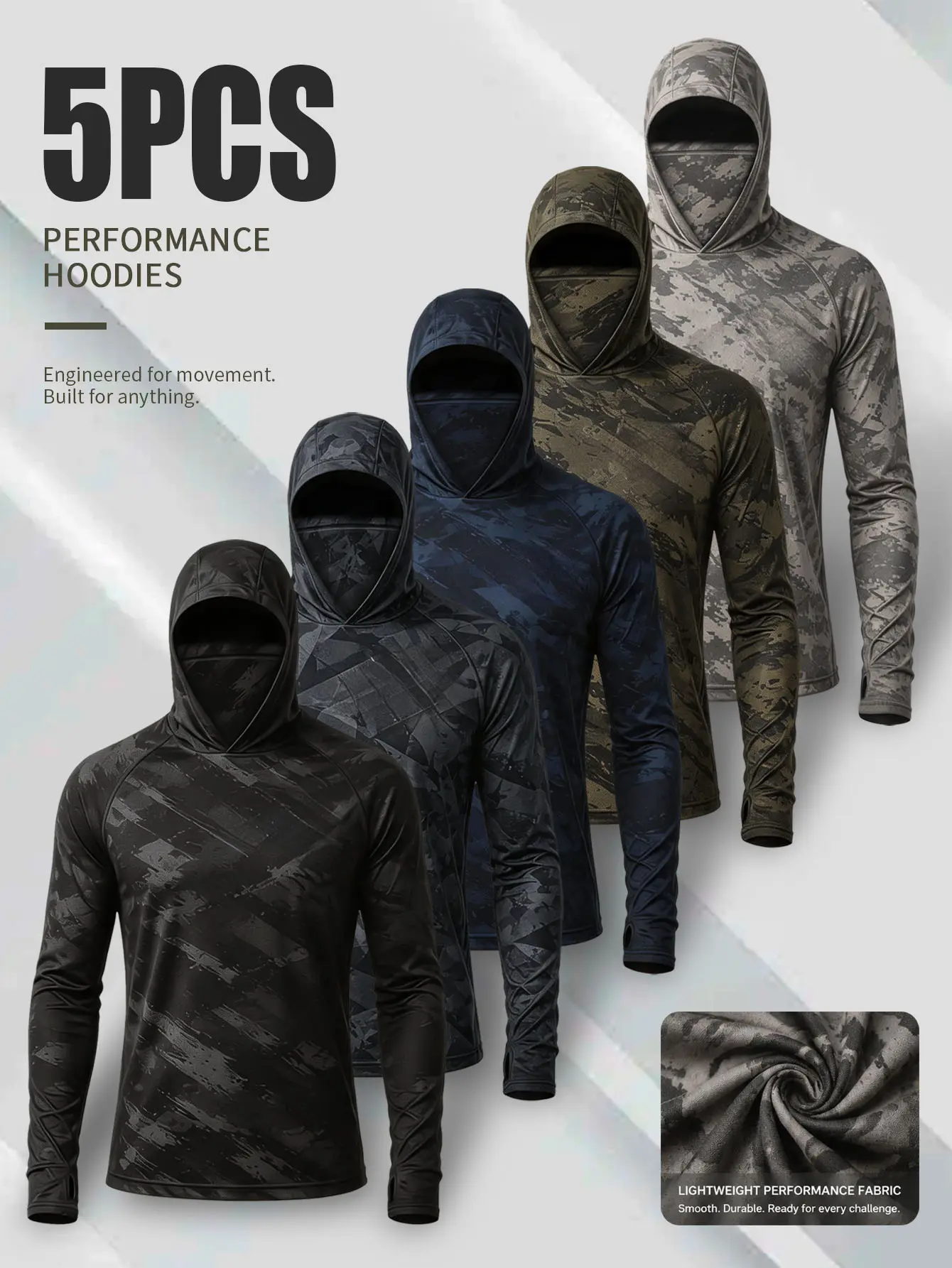 Men’s camouflage balaclava hoodies, 5-pack — UPF sun protection long-sleeve performance workout tactical shirts for outdoor hunting and fishing,travel essentials,camping essentials tiktokshopbacktoschool,back to school,back to school haul