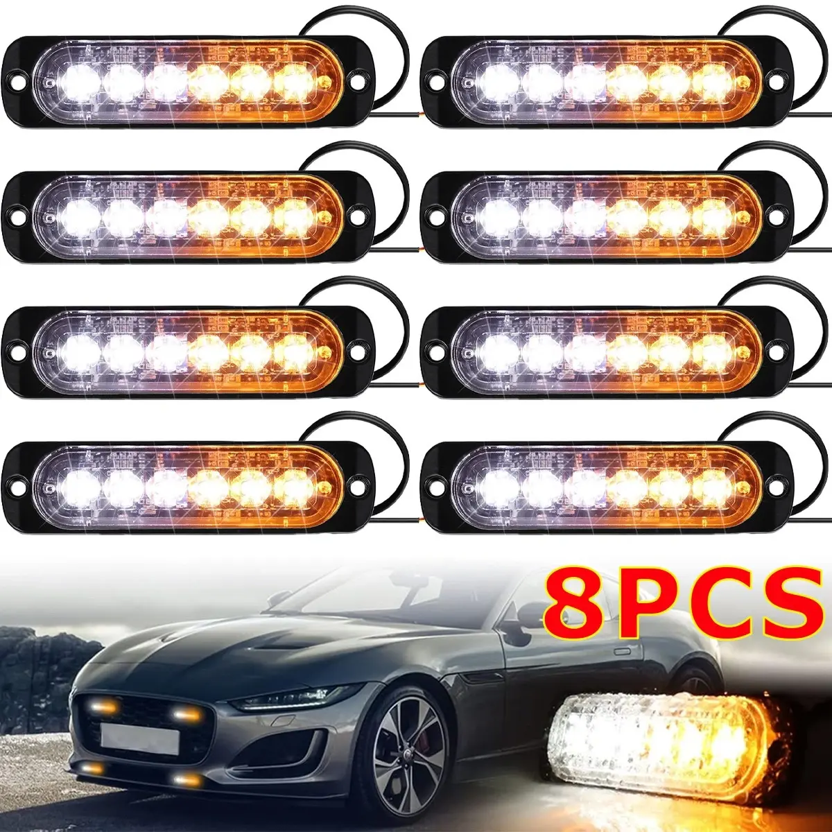 8PCS LED Emergency Strobe Light, Amber White 6-LED Ultra Slim Surface Mount Flashing Warning Hazard Caution Light Bar for Car Truck Off Road Vehicles