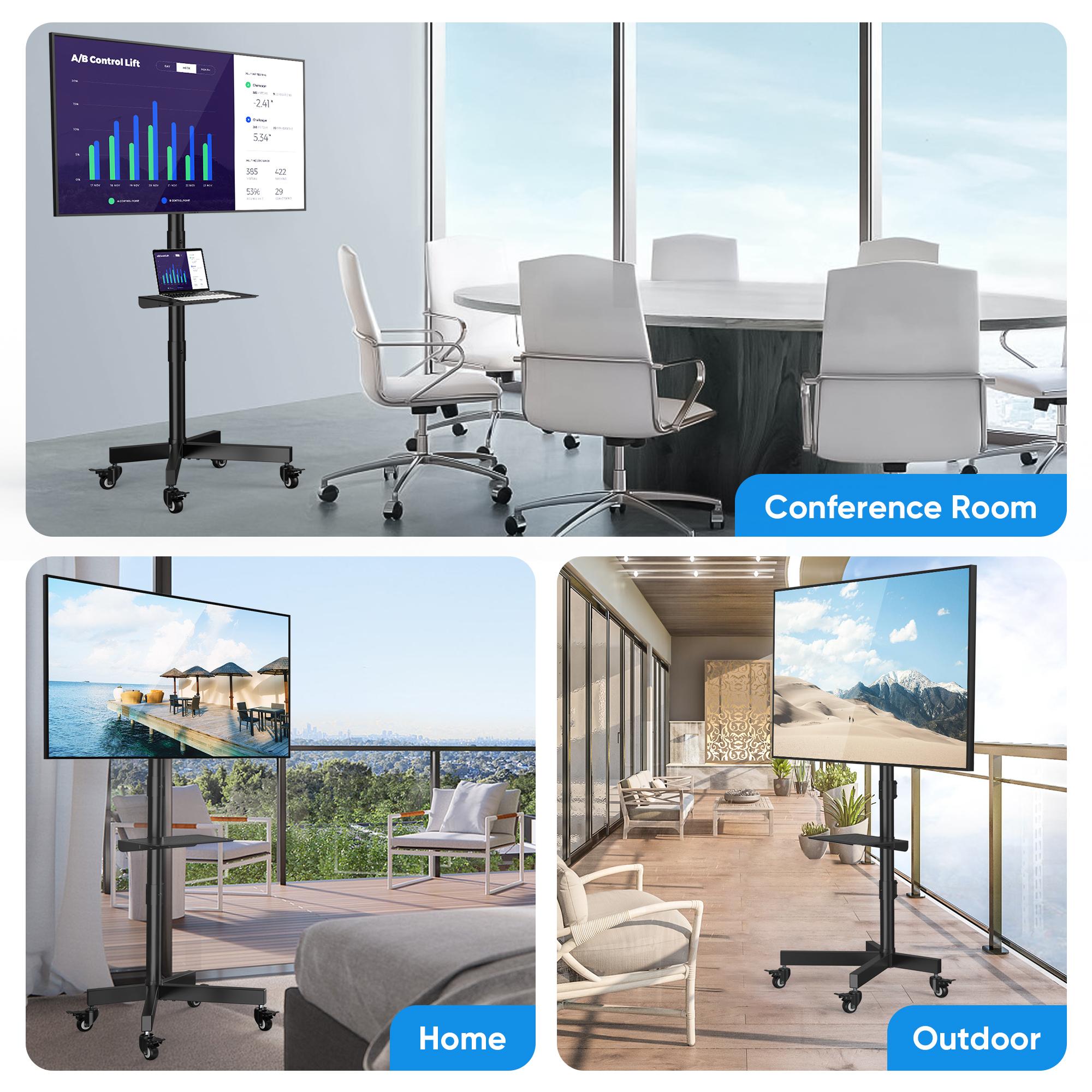 Forged Mobile TV Stand. Suitable for 23-65-inch LCD/LED flat-panel/curved TVs. 15° tilt TV cart. Capacity up to 88 lbs. Portable stand with laptop holder. Rolls flat to the floor. Lockable wheels. Max VESA 400x400mm. HeightAdjustable Portable TVStand with