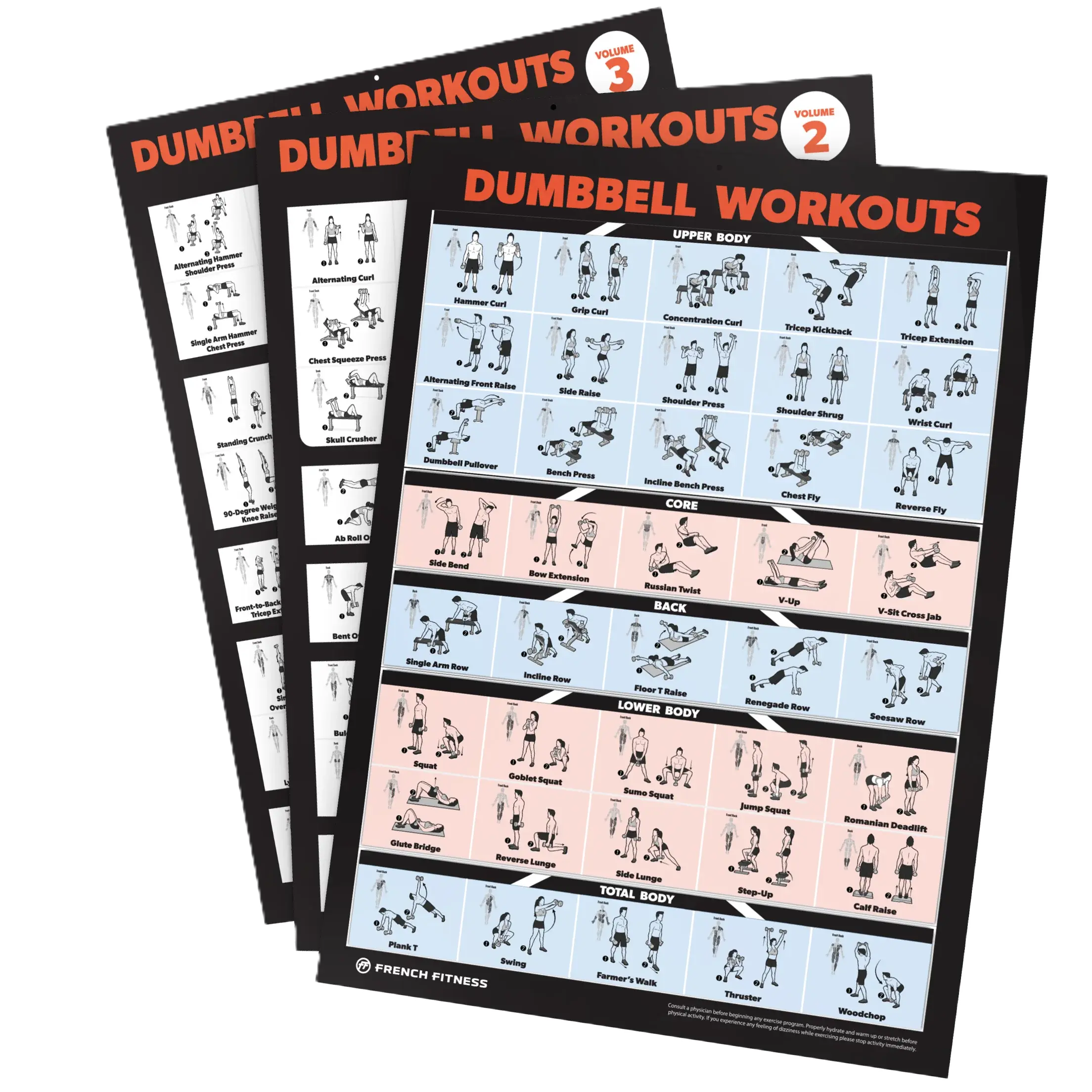 French Fitness Dumbbell Workout Training Charts / Posters (New)