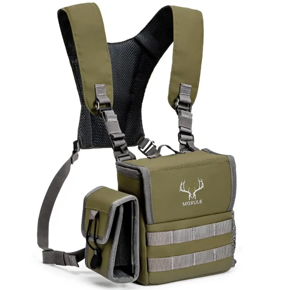 MOXULE Multifunctional Chest Bag - Padded Treated Nylon Binocular Harness with Adjustable Strap, Magnetic Closure, 3 Mesh Side Pockets, Lightweight 1-Hand Access for Hunting, Bird Watching, Unisex Green & Wolf Brown Hunt Gear Accessory