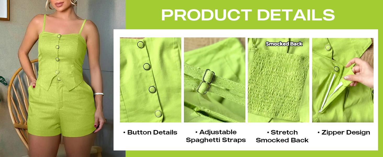 ChicMe Women's 2 Piece Matching Short Sets - Casual Bandeau Spaghetti Strap Button Front Slit Hem Top with Slim Fit Pocket Design Shorts Outfit for St. Patrick's Day