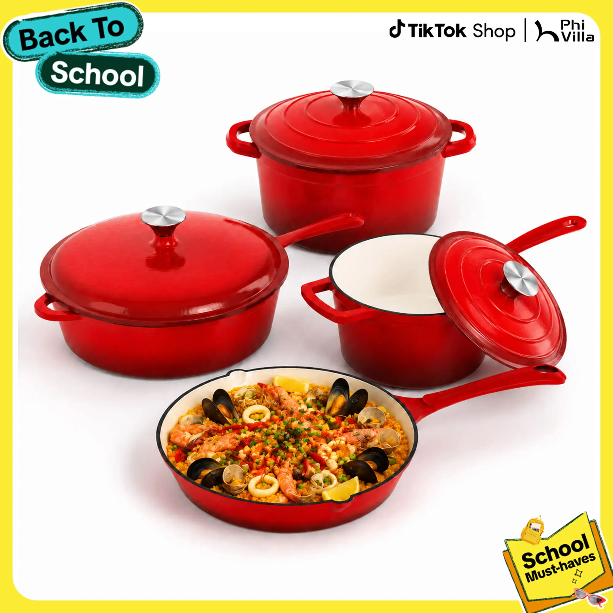 Kitchen Academy Enamel Cast Iron 7 Piece Cookware Set, Dutch Oven Pot with Lid, Red Non Stick Pots and Pans set, Oven Safe up to 500°F