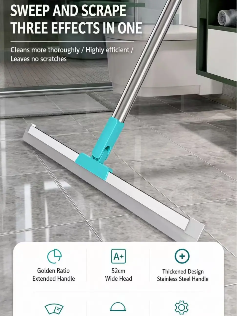3-in-1 Silicone Squeegee Broom with Long Handle, Multifunctional Floor Cleaning Tool for Pet Hair, Dust, Dirt & Water Removal, Wet and Dry Use for Tile, Hardwood, Bathroom Glass and Floors