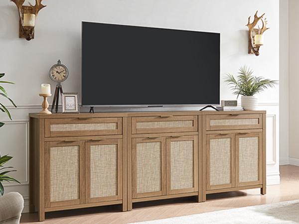 PieDle Furniture Rattan Sideboard Buffet Cabinet, Boho Storage Cabinet with Adjustable Shelves, Farmhouse Credenza Coffee Bar Cabinets with 4 Doors & 3 Drawers for Living Room, Hallway & Kitchen