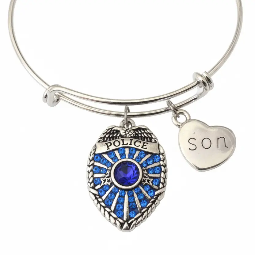 Police Son Bracelet, Police Officer Son Gift, Thin Blue Line Jewelry, Law Enforcement Son, Blue Crystal Police Badge, Son Charm, Expandable Bangle
