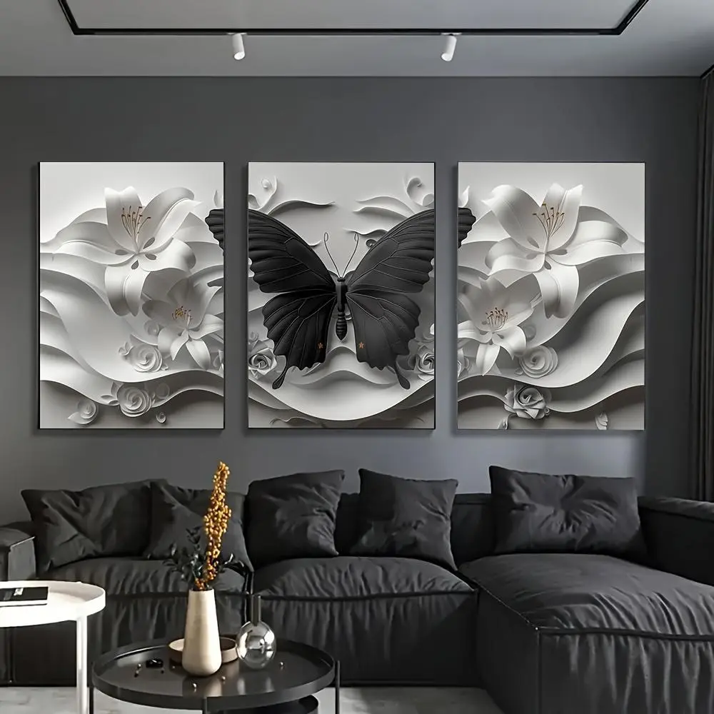 3-Piece Framed Modern Canvas Wall Art Set - Hanging Plain Eco-Friendly Black Butterfly Pattern Design & White Floral Prints, 16"x24" & 8"x12" Decor for Living Room Home Office Gift, Multi-Size