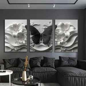 Three-Piece Modern Canvas Wall Art Set - Black Butterfly and White Floral Sculpture - Suitable for Living Room, Home Office, Classroom - Interior Decoration Gift Hanging Print Ornaments Artistic Photo Flower