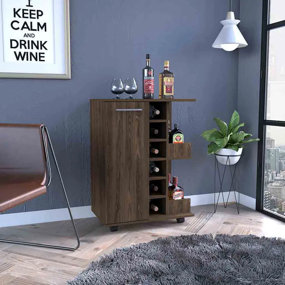 Dark Walnut Tool Organizer Bar Cart - Mobile Base with 4 Locking Casters, Multiple Shelves, Liquor Storage, Tool Rack, Lockable Cabinet, Secure Locking Mechanism, Locking Caster
