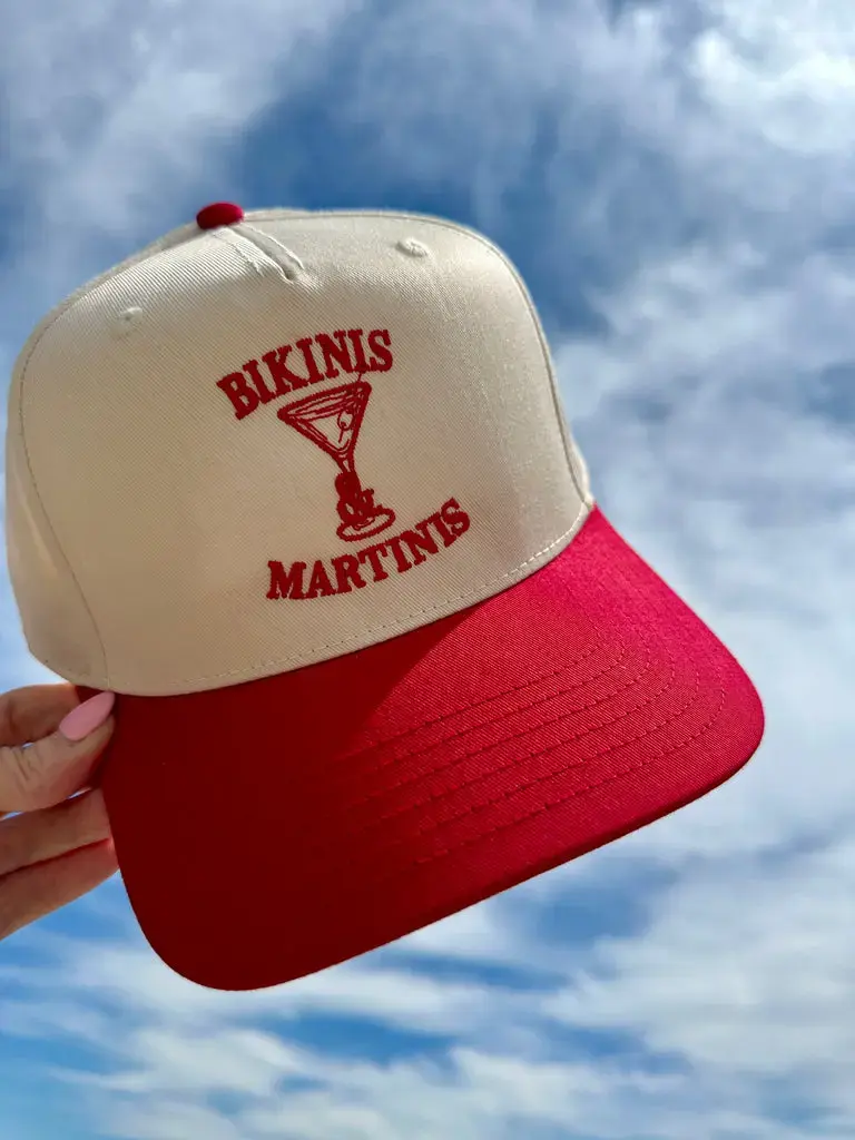 Retro Cocktail Embroidered Trucker Hat, Red and Cream Two Tone Snapback Cap, Vintage Martini Graphic Baseball Hat, Fun Summer Style Unisex Streetwear Accessory, Adjustable Casual Hat for Everyday Looks