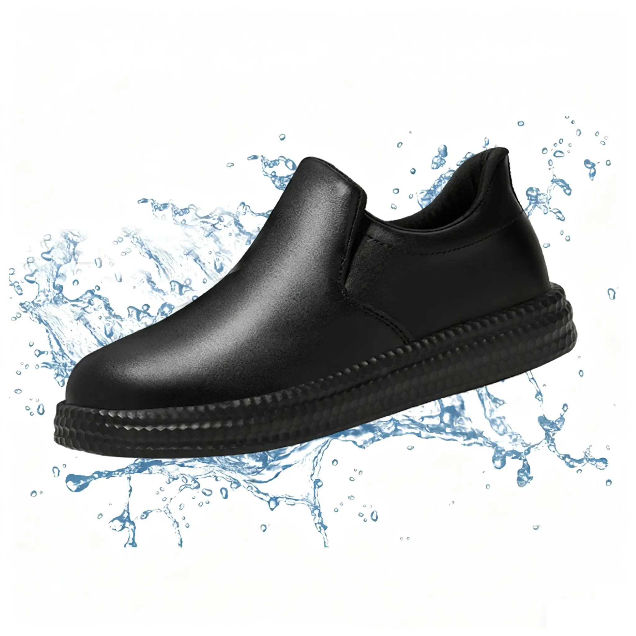 Black Chef's work shoes - wide toe.Stain-resistant，anti slip, oil proof, waterproof design, one foot kick, with reflective strips, easy to clean, suitable for kitchen, nursing, gardening, and catering work