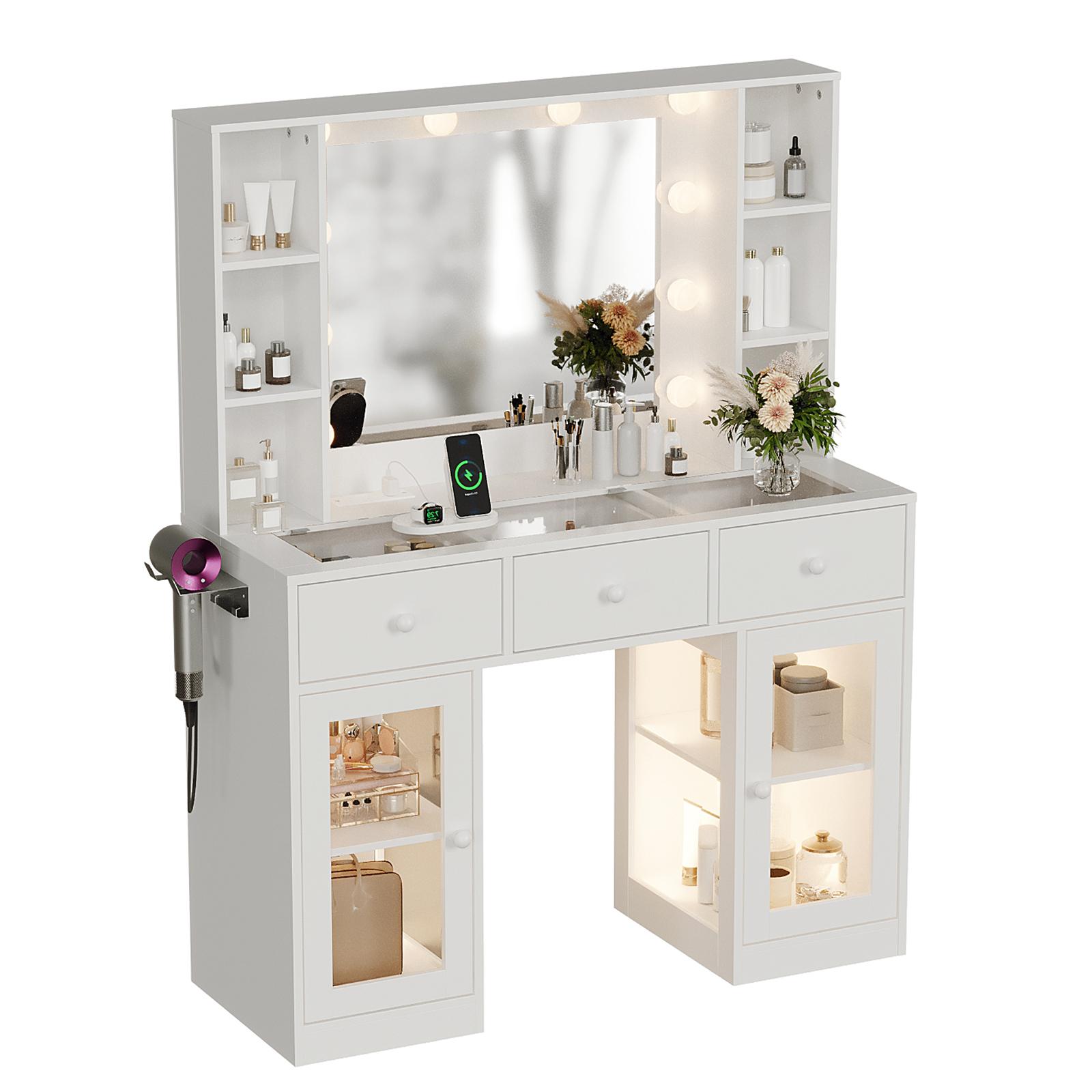 Ktaxon Vanity Table with RGB Lights & 3-Tone Dimmable Bulbs - Glass Top Dresser with 3 Drawers, 2 Glass Doors & 2 Side Shelves | Built-in Power Strip, Hair Dryer Holder