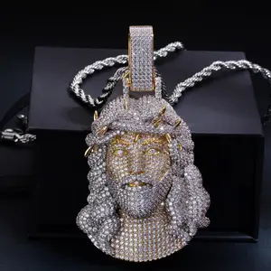 3D Iced Out Jesus Piece Pendant Necklace, Two-Tone Bling Hip Hop Religious Jewelry with 3mm Rope Chain, Mens Rapper Drip Chain Gift