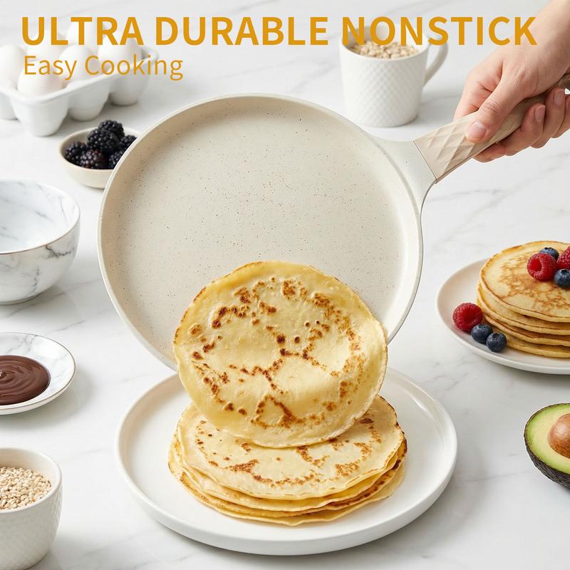 【AREL】Nonstick Crepe Pan with Spreader, 10-Inch Tortilla Pan with Detachable Handle, Ceramic Coating Pancake & Dosa Griddle, PFOA Free, Compatible with All Stoves & Induction (White)