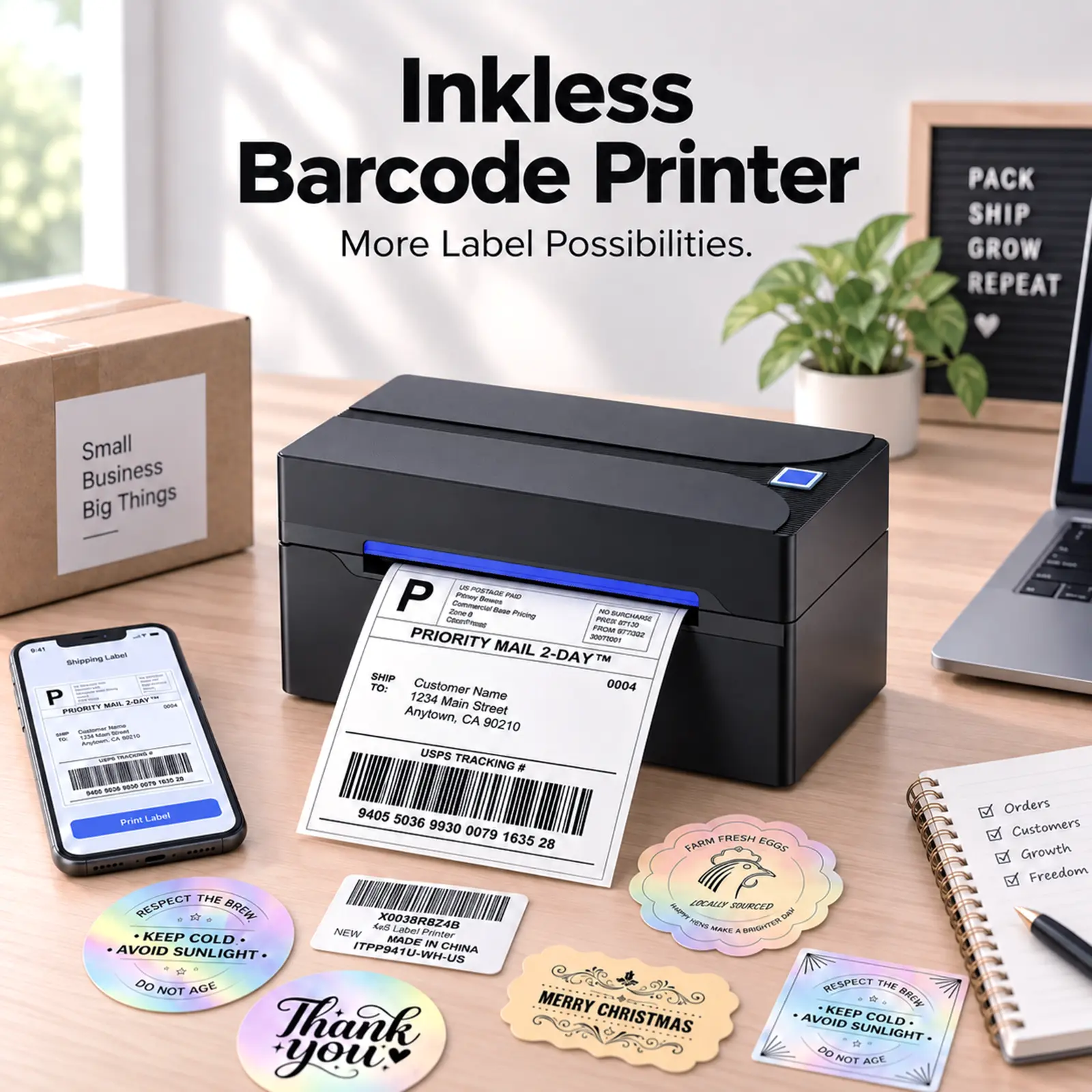 Thermal Inkless Shipping Label Printer, 4x6 Bluetooth Wireless Portable Label Maker with USB, 203 DPI for Small Biz - Compatible with iPhone/Android, Windows, USPS, UPS (Black, Ndyin), Thermal Inkless Printer