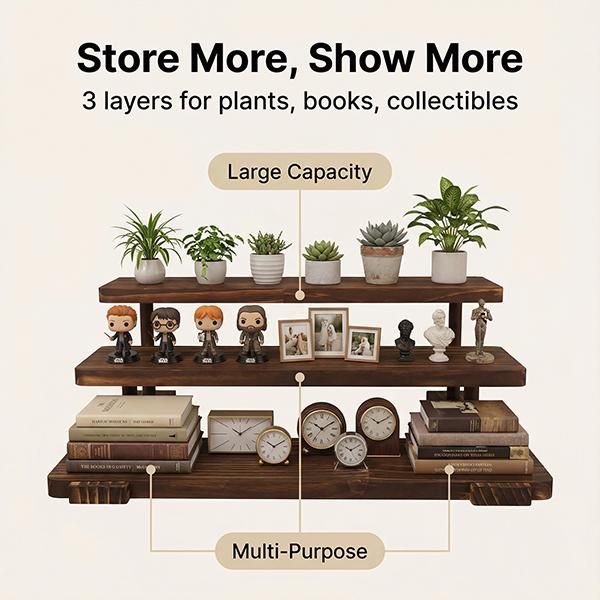 Solid Wood Shelf with Multi-layer Storage Extra-large Capacity Three-tier Design for Desk Storage Figure Display & Plant Placement Tames Your Messy Desk
