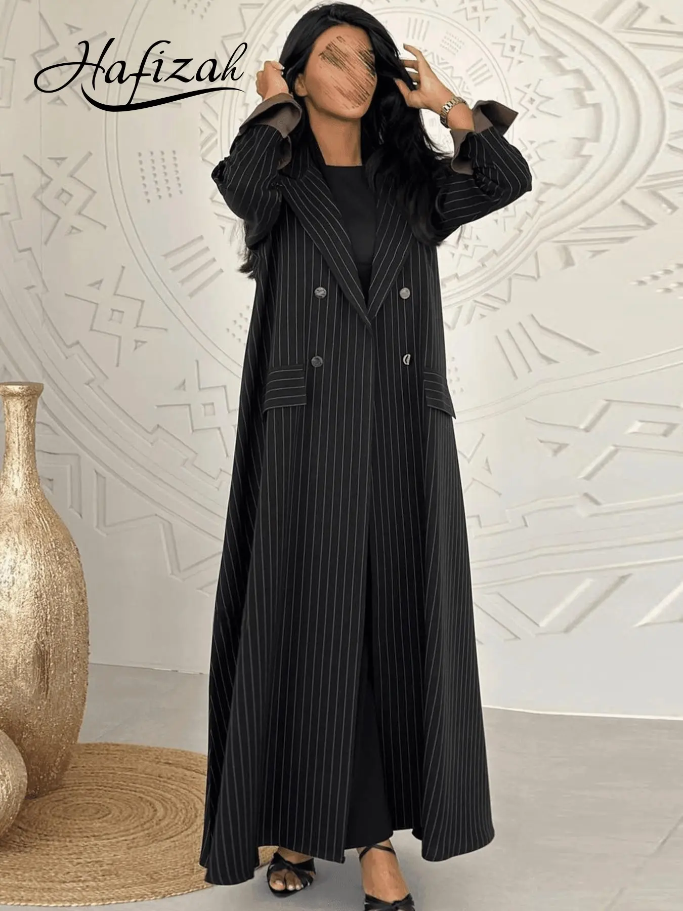 Fine Striped Blazer Neckline Long Coat Double-Breasted Elegance Dress Luxurious Commuter Slimming Fit Women's Lady Fashion Long Sleeve Womenswear Wear Any Season