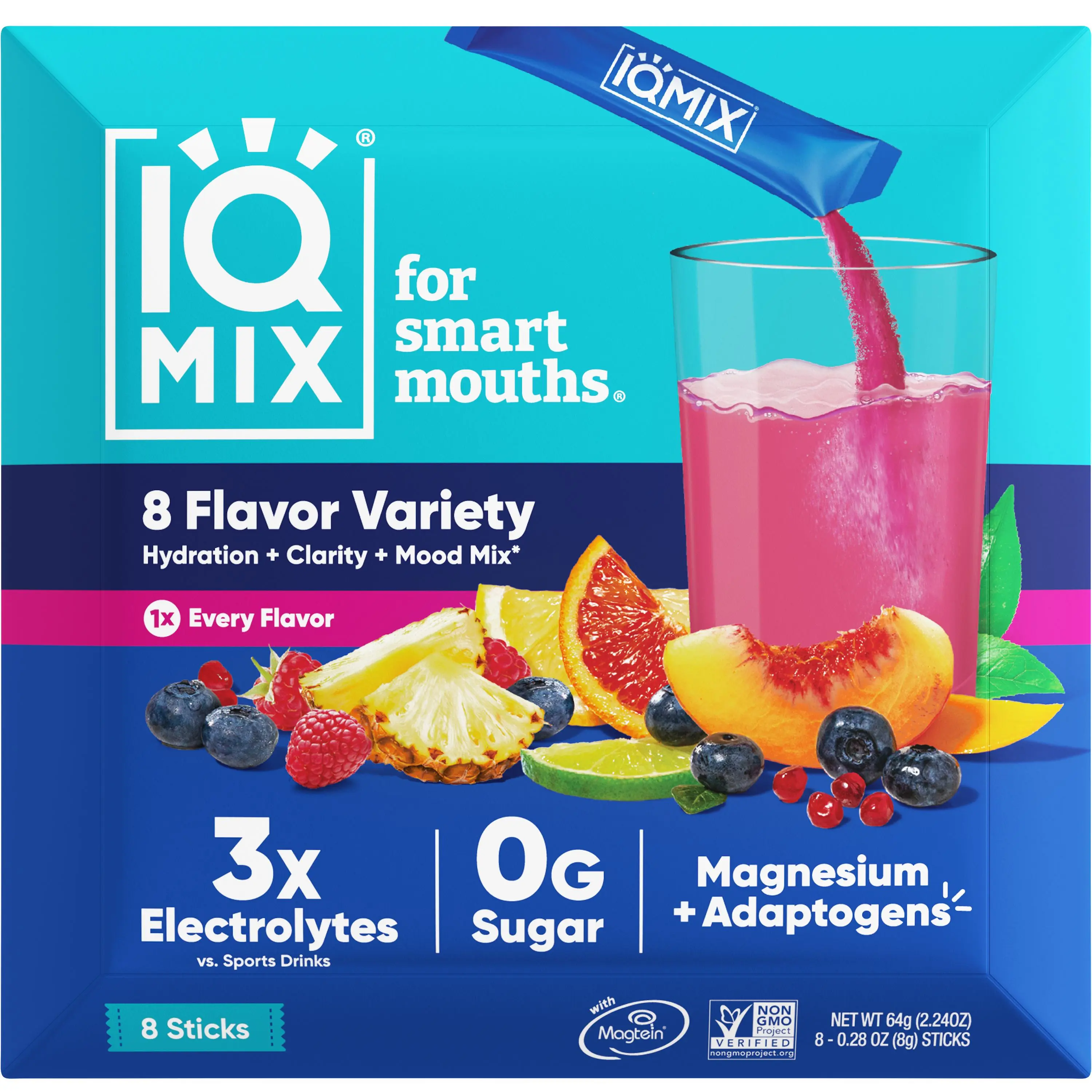 IQMIX Sugar-Free Electrolytes Powder Packets - Dietary Hydration Supplement Drink Mix with Keto Electrolytes, Lion's Mane, Magnesium L-Threonate, Potassium Citrate - 8-Count Sampler Pack to Try All Flavors