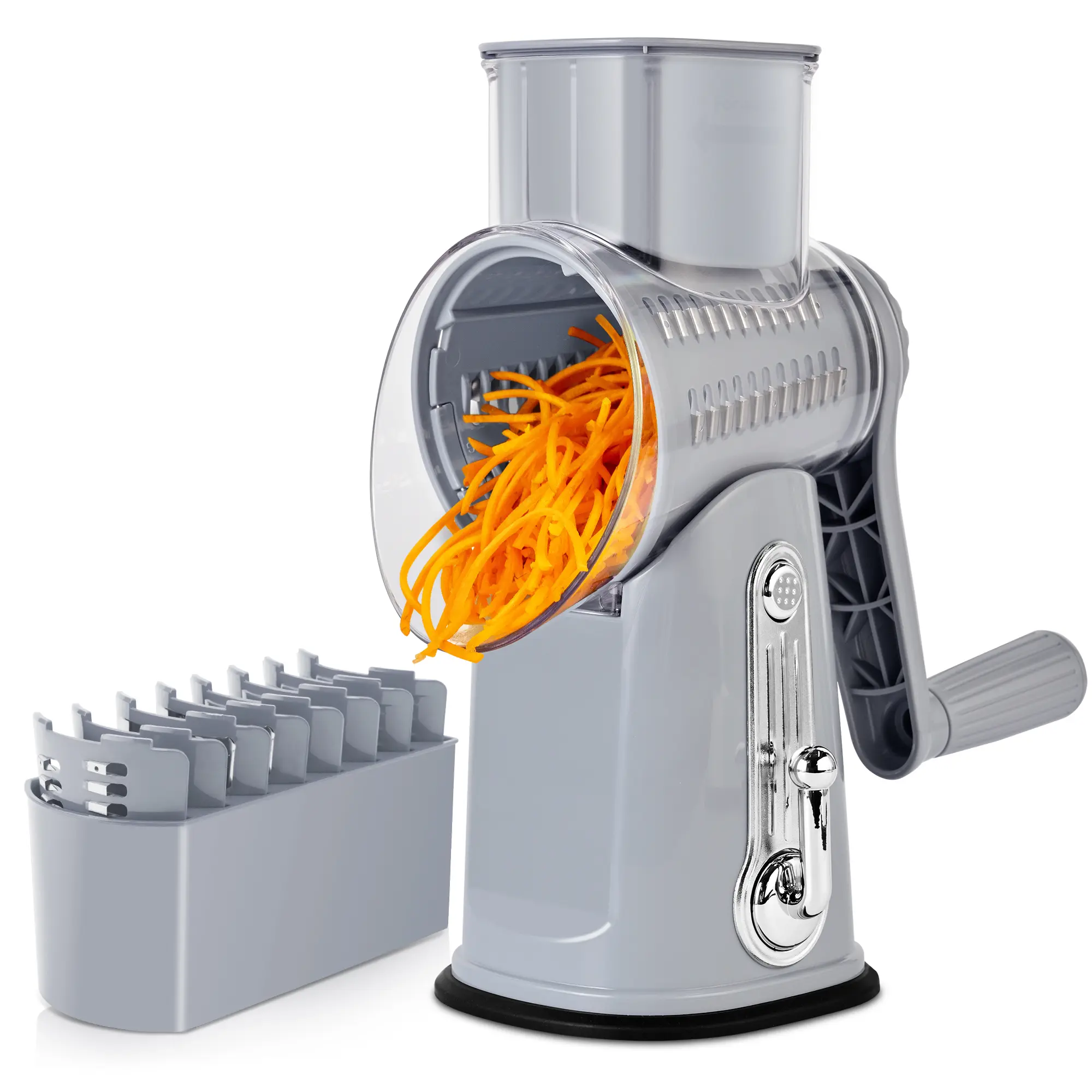 SUSTEAS Rotary Food Grater with Hand Crank - Compact Kitchen Gadget, 5 Well-Designed Steel Blades, Strong Suction Cup Base, 1 Blade Storage Box, Multifunctional Cabbage Shredder for Home Cooking (Green, Rotary Cheese Shredder with Wavy Cuts), Multifunctio