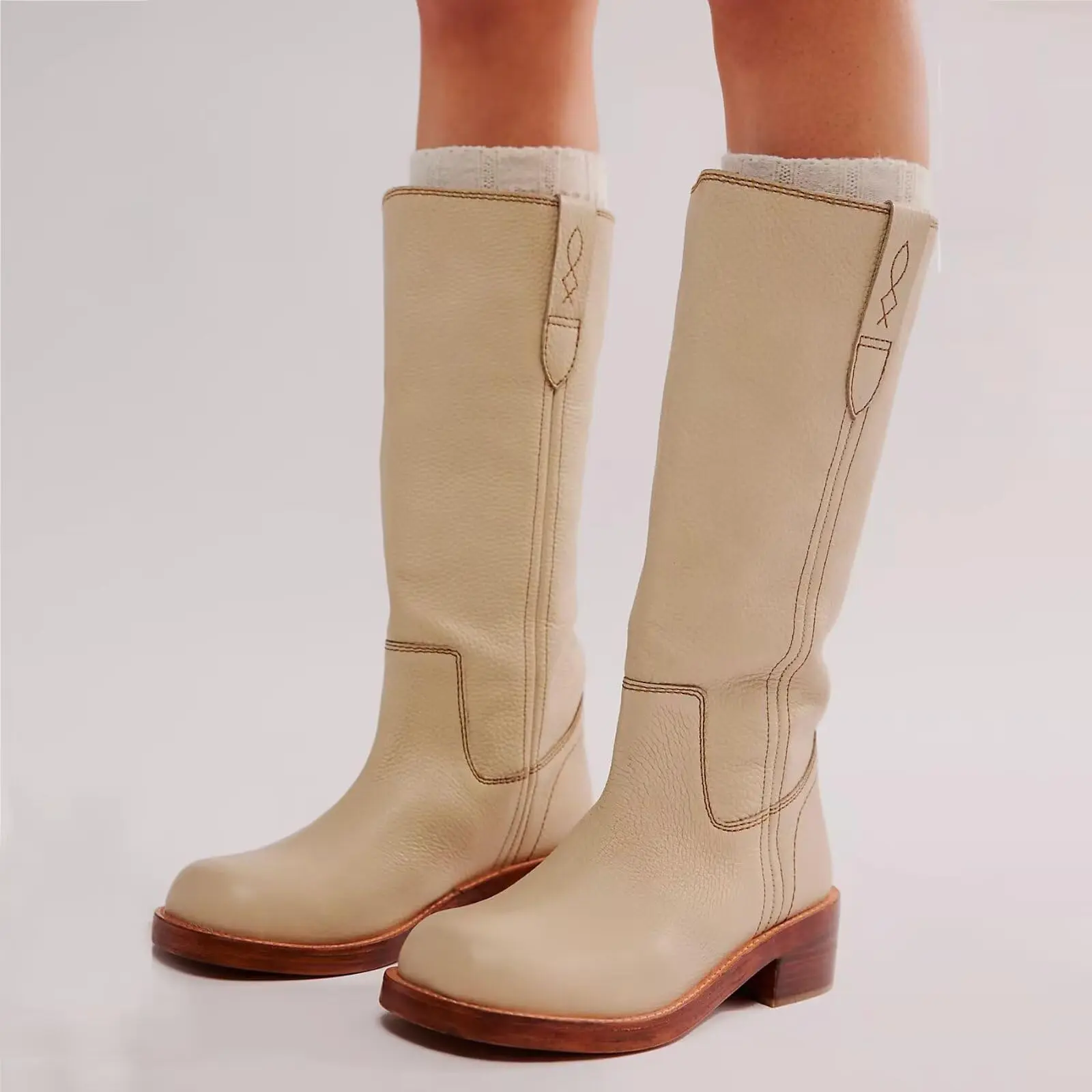 Women's Retro Mid Calf Boots, Comfortable Chunky Heel Pull-On Shoes in Solid Soft PU Leather with a Round Toe, Footwear, Women's Shoes, Comfortable Heels, Chunky Heel Sole