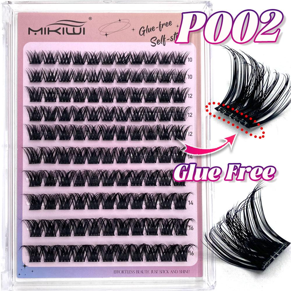 MIKIWI D Curl 110PCS Lash Clusters Wispy Glue Free Eyelash Extensions Fluffy Self Adhesive Individual Lashes 10-16mm Mix Length Natural DIY Cluster Lashes With Soft Thin Band
