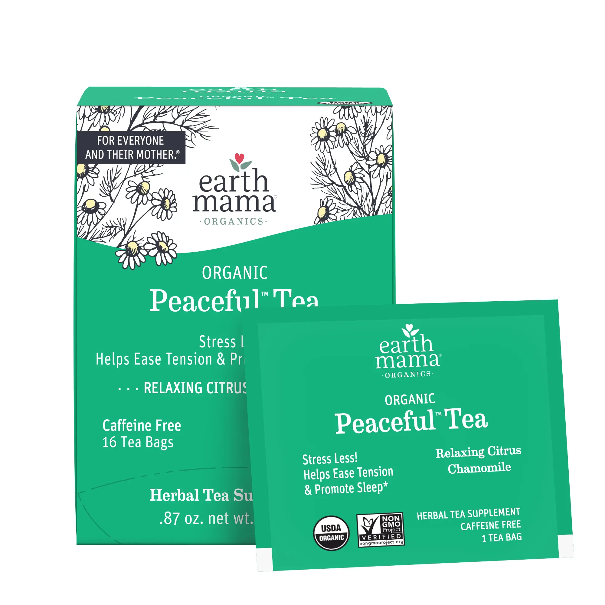 Earth Mama Organic Peaceful Tea – USDA Organic Calming Herbal Tea with Chamomile & Lemon Balm – Caffeine-Free – 16 Tea Bags