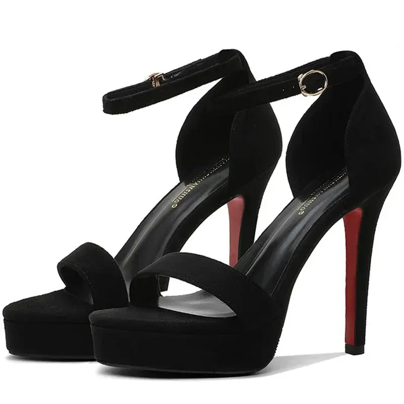 Women Suede Black Sandals 12cm High Heels 2cm Platform Lady Stiletto Strappy Catwalk Fetish Party Evening Dressy Summer Fashion 2026 Modern Comfort Lightweight Breathable Up Ventilated Essential Cushion Lace Daily Mesh