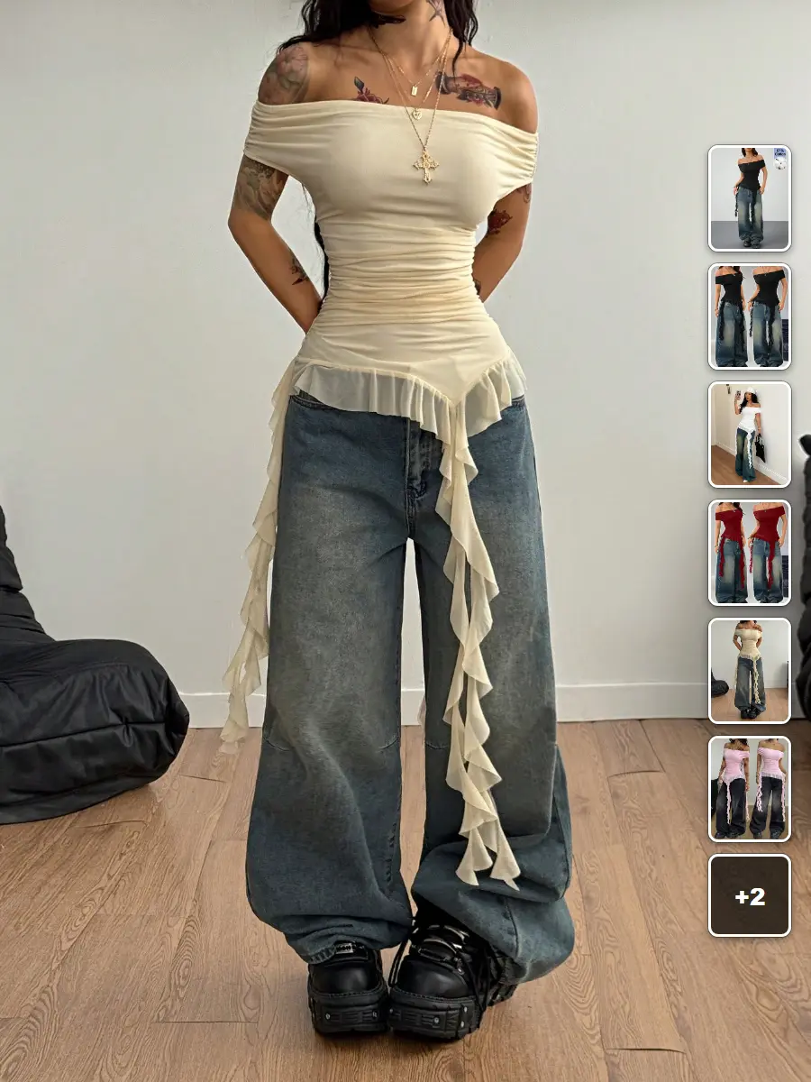 Off The Shoulder Top Asymmetrical Ruffle Butter Stretchy Y2K Streetwear Summer Concert
