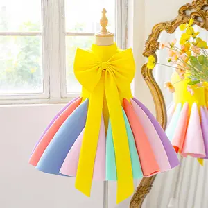 3-8Y Yellow 6110 Kids Clothes Flower Girls Frock Bow Ball Gown Pageant Children Elegant Princess Prom Host Formal Evening Party Banquet Cocktail Dress