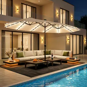 IRONCK 15FT Extra Wide Patio Umbrella with Heavy Base, 12 Ribs, SummerVibes Solar Lights, Waterproof Fabric, Wind-Resistant, Large Shade for Patio, Backyard,summerwins