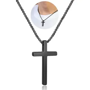 Easter Gifts for Men Boys Kids - Stainless Steel Cross Pendant Chain Necklaces 18Inches Chain Gold Silver Black Cross Necklace