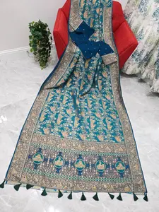 Teal Blue Jaal Pattern Mythological Radha Krishna Swing Design Saree with Stitched Blouse | Festive Wear