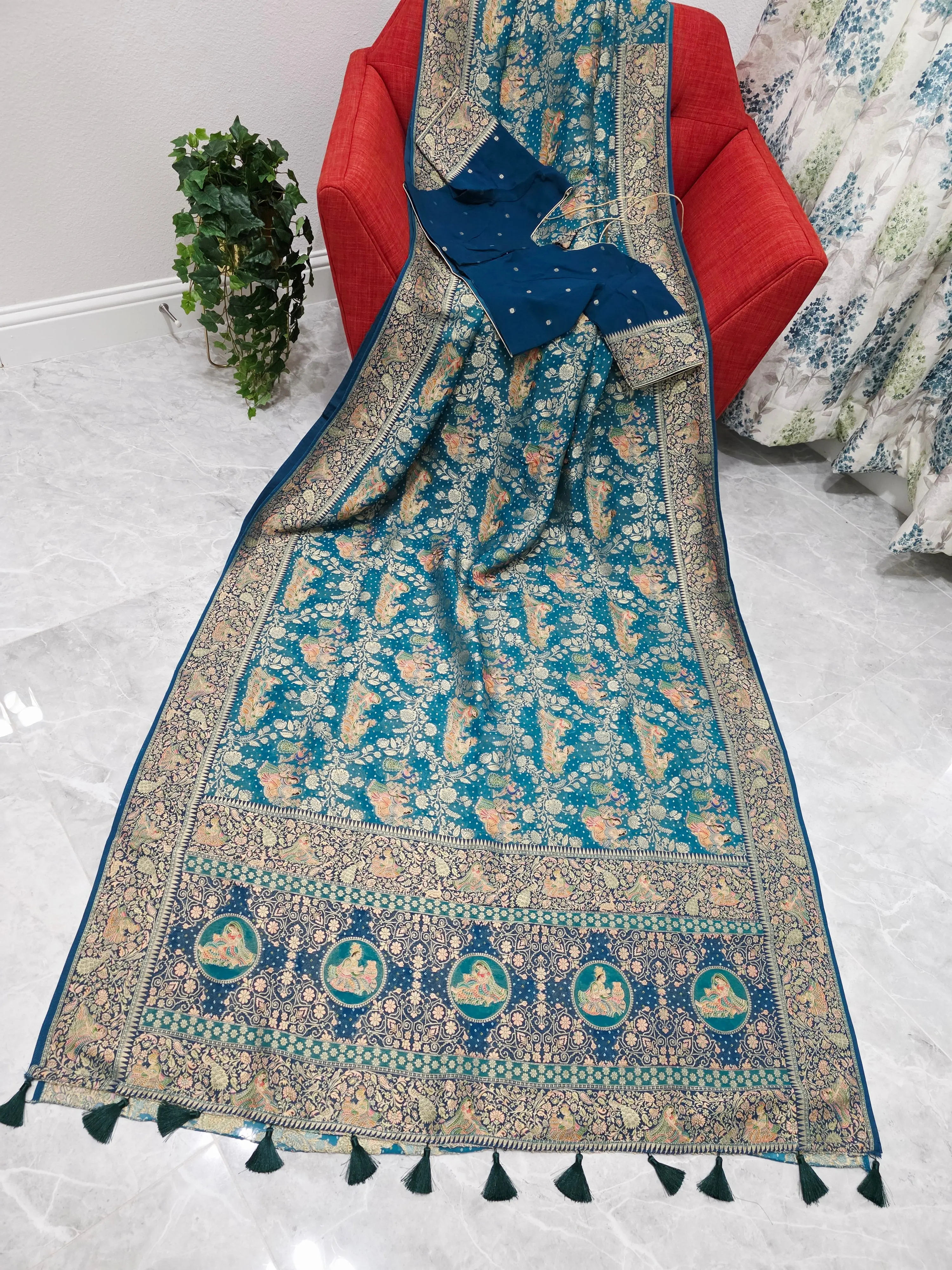 Teal Blue Jaal Pattern Mythological Radha Krishna Swing Design Saree with Stitched Blouse | Festive Wear