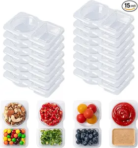 15 Set Reusable Snack Containers with Lids, 2-Compartment Leakproof Sauces Dipping Box, On-the-Go Snack Pack Containers for Kids and Adults, BPA-Free