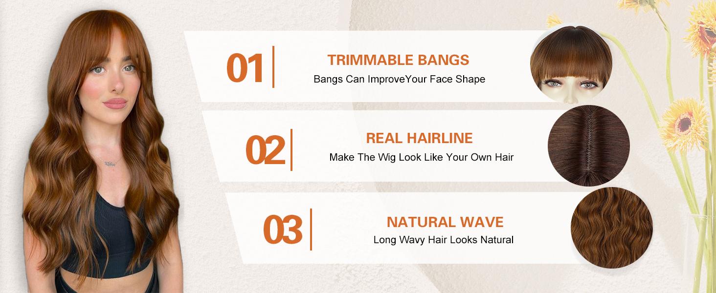 AISI HAIR Auburn Wig with Bangs Long Wavy Ginger Wig Natural Looking Heat Resistant Synthetic Curly Full Wigs for beginners Women Daily Use