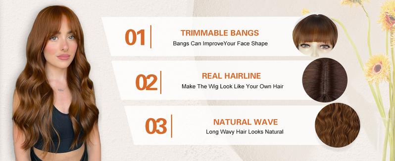 AISI HAIR Auburn Wig with Bangs Long Wavy Ginger Wig Natural Looking Heat Resistant Synthetic Curly Full Wigs for beginners Women Daily Use