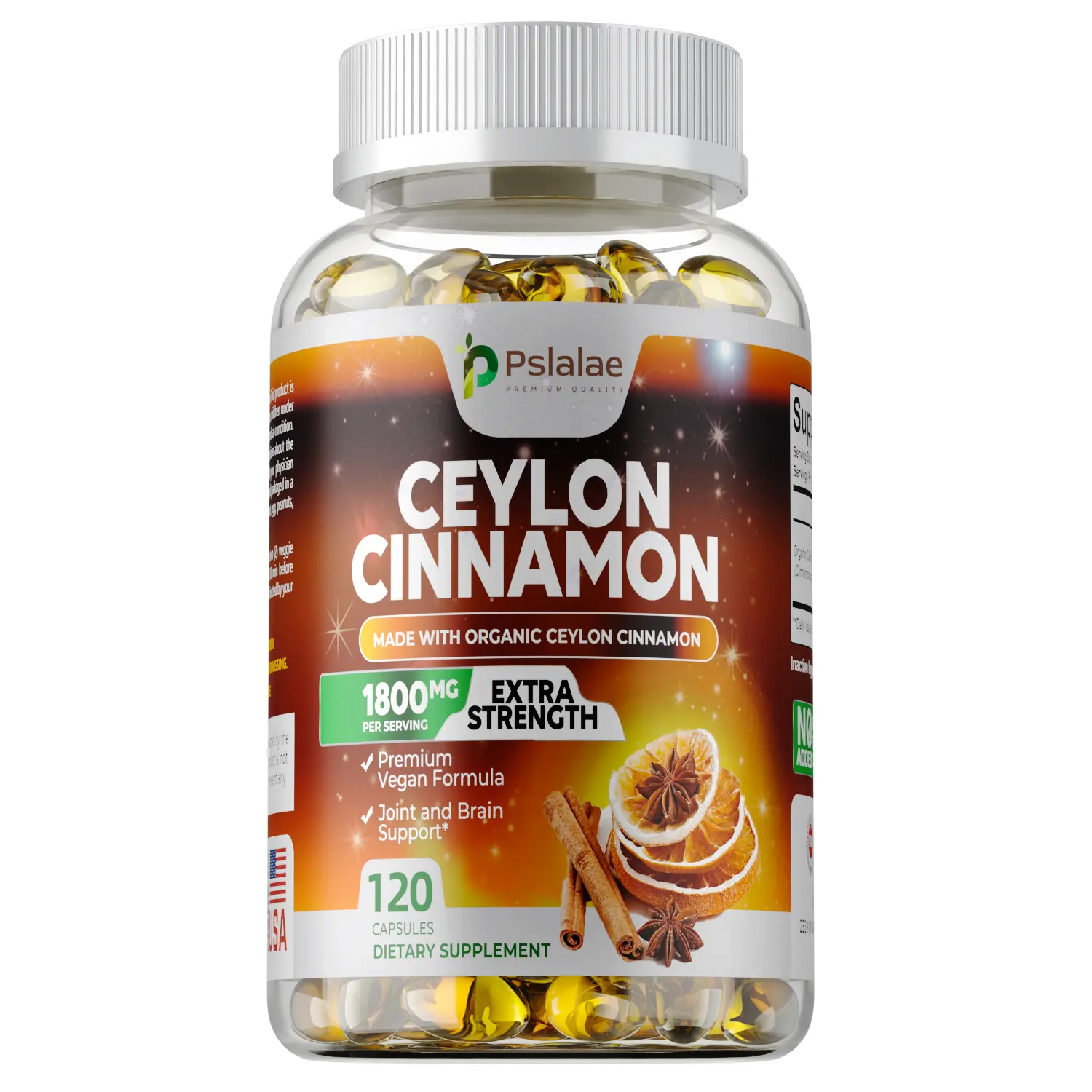 Pslalae Certified Organic Ceylon Cinnamon Herbal Capsules - 1800mg High Potency Supplement, 120 Capsules for Adults, Supports Joint & Brain Health