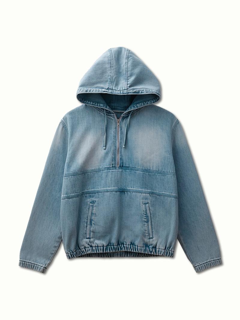 USBoutique Chic [S-5XL] Women's Half Zip Denim Hoodie Pullover Jacket Jean Tops Casual