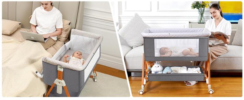 Baby Bassinet Crib Sleeper, 6 Height Adjustable Cribs, Easy to Fold Portable Crib Side Bassinet, Swing Cradle Bed Side Sleeper with Ventilated Net&Wheels