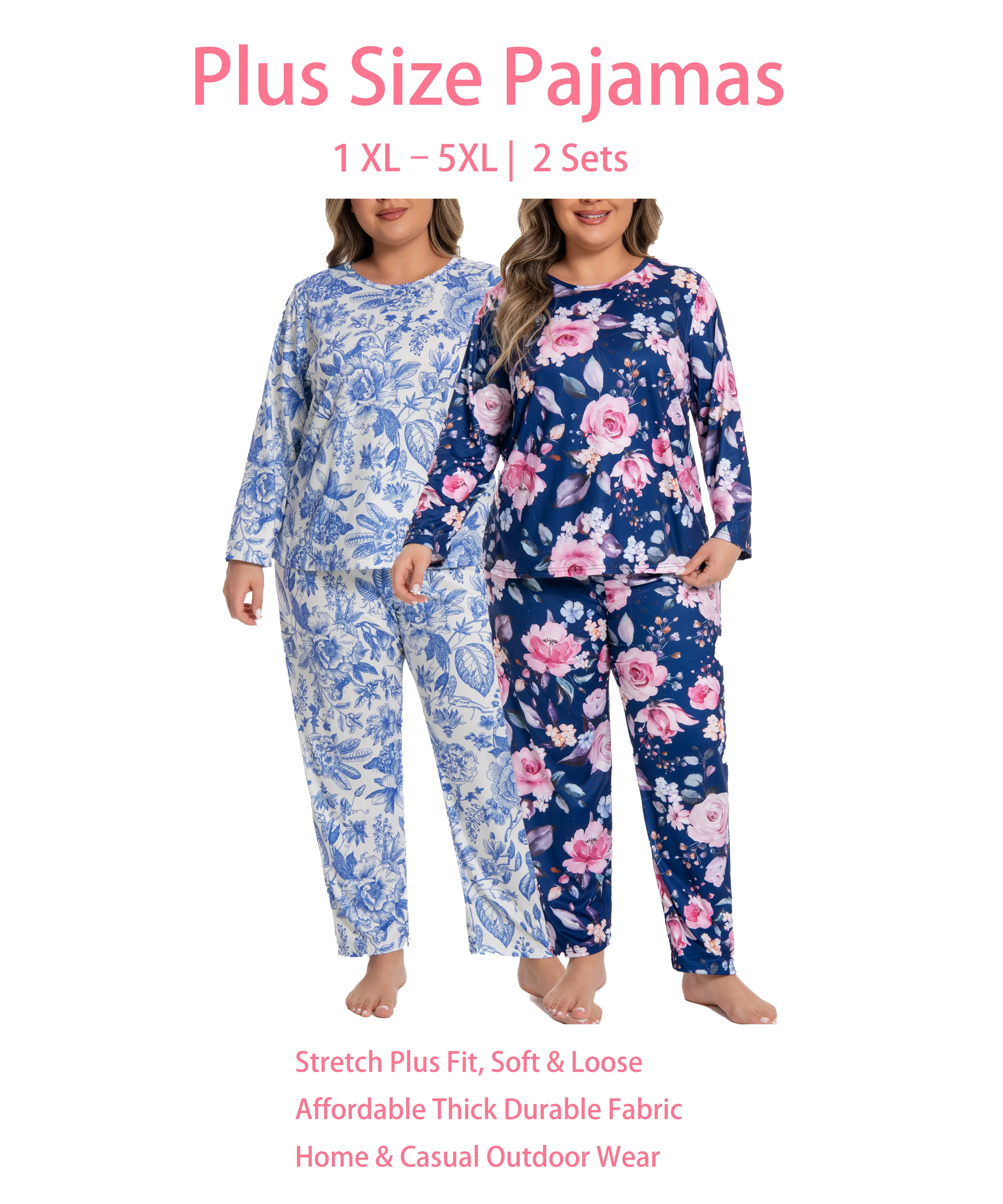 Women's Plus Size 1XL-5XL 2-Piece Nightwear Set, Long Sleeve Top & Full-Length Pants, Soft Breathable Casual Floral Loungewear, Comfy Sets, Home Outfits